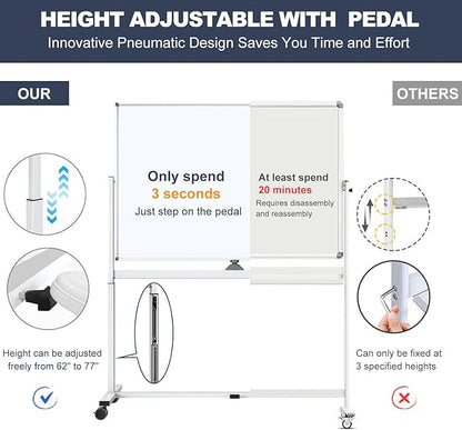 White Board on Wheels, 48 x 32 Inches Height-Adjustable Large Rolling Whiteboard