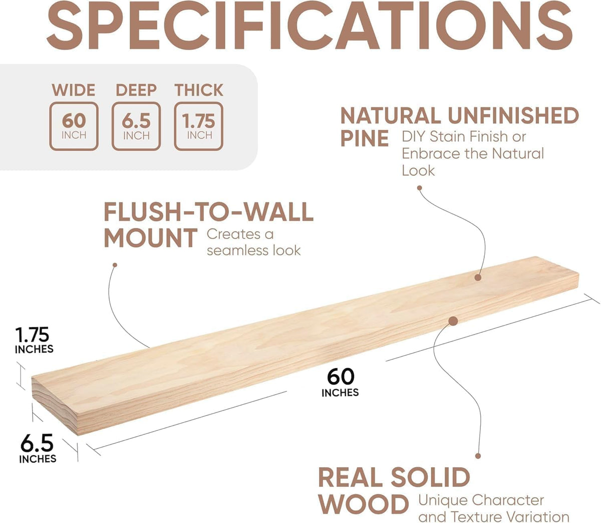 Homeforia 60 inch Wood Floating Shelf, High End Solid Natural Long Wood Shelf for Wall 60 inches, Unfinished Wooden 60inch Large Floating Shelves, Heavy Duty Bracket, 60 X 6.5 X 1.75 in, Set of 3