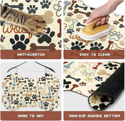 Dog Food Mats for Floors Waterproof, Pet Feeding Absorbent Water Bowl Mat Cat Placemats Beige Bone Shape 19 * 12 inch