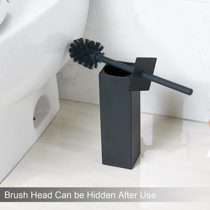 Matte Black Square Stainless Steel Toilet Brush with Holder, 304 Modern Toilet Brush Set – Rust Resistant, Long Handle, Replacement Heads, Floor Standing Bathroom Toilet Cleaning Brush