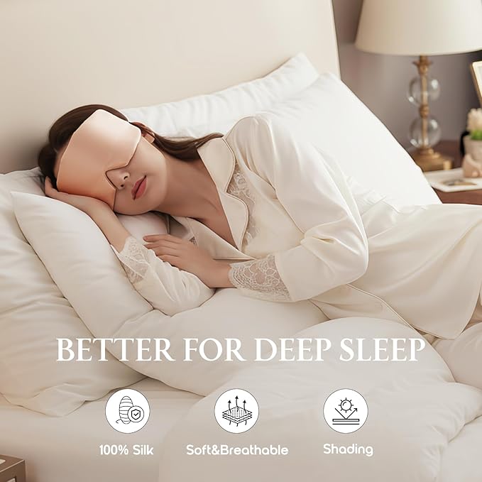 100% Mulberry Silk Sleep Mask, Eye Mask for Deep Sleep and Travel, Soft Breathable Eye Cover with Adjustable Headband (Rose Gold)