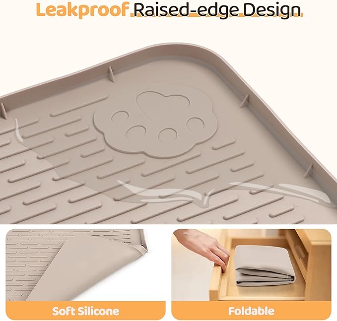 Bartuke Dog Food Mat, Extra Large 57" x 40" Silicone Pet Feeding Mat with Raised Edge Pet Placemat for Small, Medium, and Large Pets Non-Slip, Easy to Clean (Khaki)
