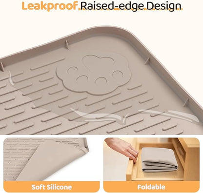Bartuke Dog Food Mat, Extra Large 57" x 40" Silicone Pet Feeding Mat with Raised Edge Pet Placemat for Small, Medium, and Large Pets Non-Slip, Easy to Clean (Khaki)