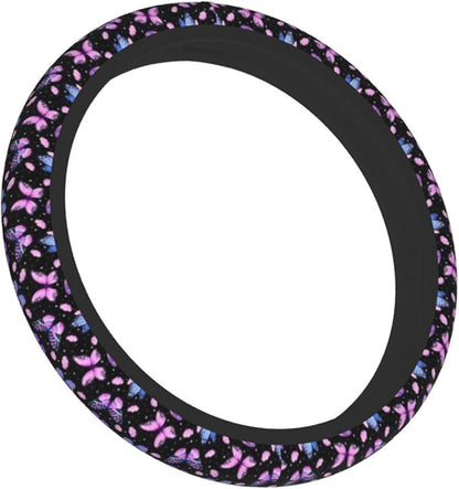 Purple Butterfly Steering Wheel Cover - Beauty Butterfly Wheel Cover Anti-Slip Breathable Universal for 15 Inch Car Steering Wheel Cover with 2 Pieces Car Coasters Suitable for Men Women