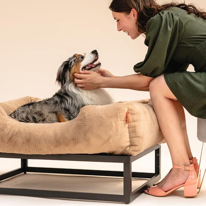 FUZI Elevated Dog Bed Small, Luxury Raised Dog Beds, Removable and Machine Washable Bed Cover, Indoor/Outdoor Orthopedic Pet Bed, Small 25.1x16.75x18 Light Brown & Black Base