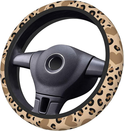 Car Steering Wheel Cover with Anti-Slip Lining, Universal 15 inch Wheel Cover, Fashion Car Interior Accessories for Women Men - Brown Heart Leopard Cheetah