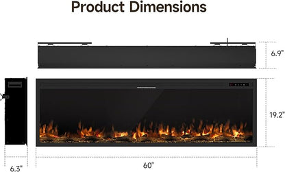 60" Electric Fireplace, Ultra-Thin Recessed/Wall Mounted Electric Fireplace