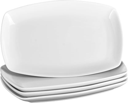 Ceramic Serving Platter Set, 4 Pcs 10 inch Rectangular Serving Tray for Entertaining at Parties and Weddings, White Platter Rectangular Dishes Dinner Plates for Appetizer Meat Bread Dessert and Sushi