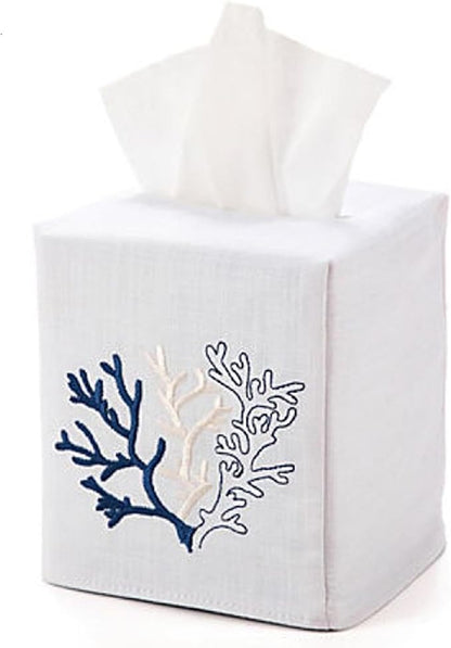 Jacaranda Living Square Tissue Box Cover, Linen/Cotton Fabric Tissue Holder, Decorative Cloth Tissue Cube Cover, Coastal Designs Coral, Navy