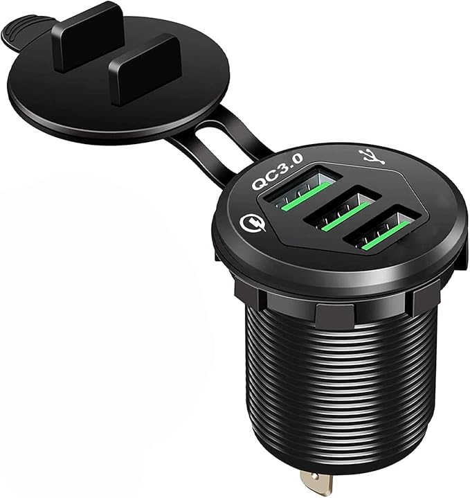 Triple Port QC3.0 Car Charger Socket, 12V/24V 36W USB Charger with 3 Fast Charging Ports, IP66 Waterproof Aluminum Socket Mount for Car Boat RV Marine ATV