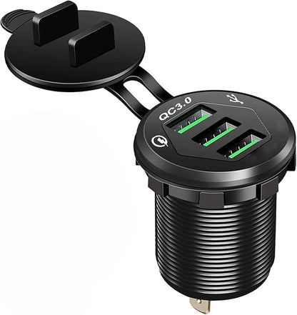 Triple Port QC3.0 Car Charger Socket, 12V/24V 36W USB Charger with 3 Fast Charging Ports, IP66 Waterproof Aluminum Socket Mount for Car Boat RV Marine ATV