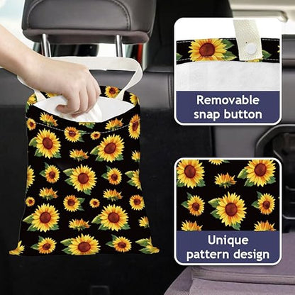 Sunflower Print Car Trash Bag Hanging Garbage Bag with Snap Buttons Car-Back Seat Trash Storage Portable Dustbin for Car Interior Accessories Travel Camping