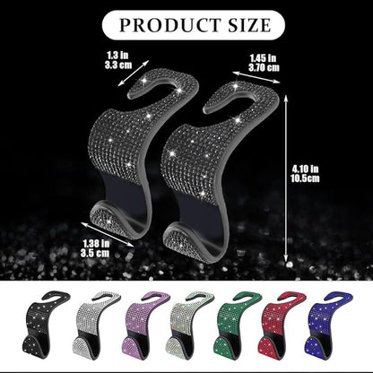 2PCS Car Seat Hooks, Purse Hook for Car, Crystal Rhinestone Vehicle Backseat Purse Holder, Auto Accessories Diamond Auto Seatback Storage Organizer Hanger for Handbag Clothes Purse (Black)