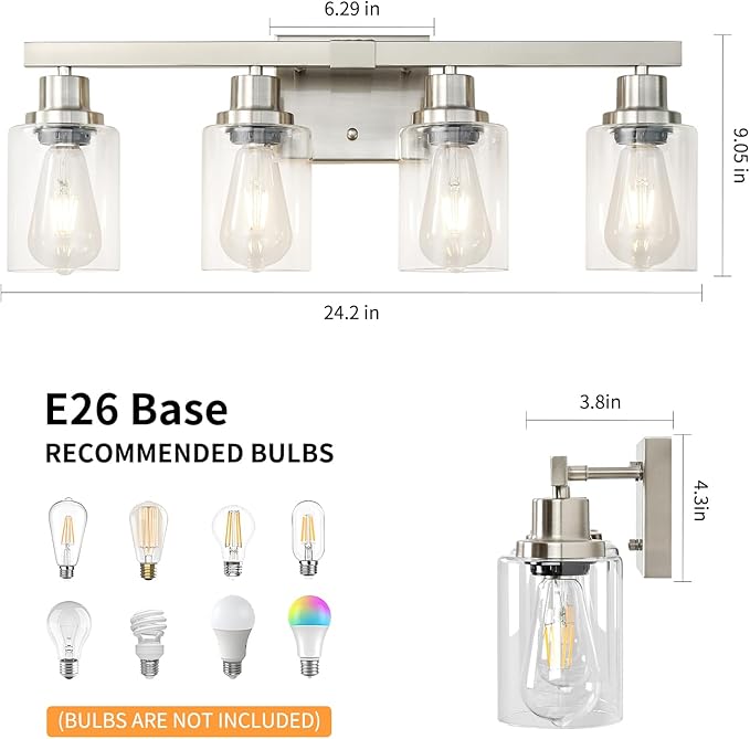 DIKAIDA Bathroom Vanity Light, 4-Light Nickel Modern Matte Wall Sconce Lighting