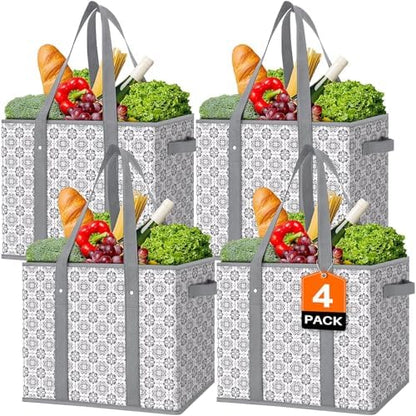 Reusable Grocery Bags 4 Pack, Foldable & Water Resistant Shopping Bags