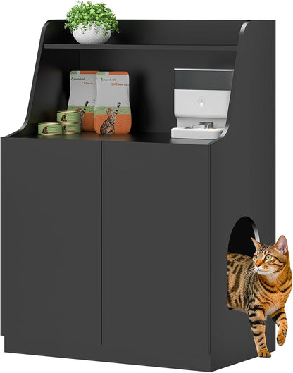Large/Tall Litter Box Enclosure, Modern Wooden Litter Box Furniture for XL Litterbox with Open Shelf as Sideboard Cabinet (Black)