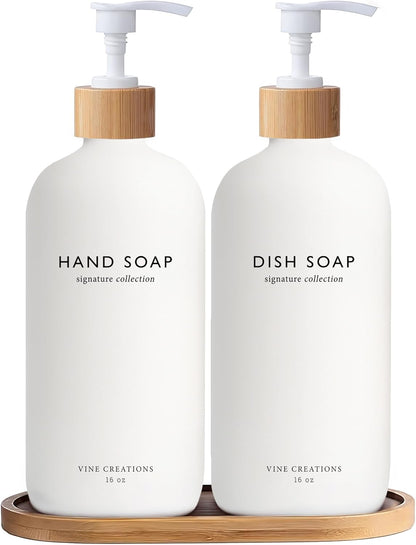 Vine Creations White Glass Soap Dispenser Set, Hand Soap and Dish Soap Dispenser Set with Bamboo Tray, 16 oz Glass Dispensers Bottle for Kitchen and Bathroom Decor Modern Boho with Bamboo Pump (White)