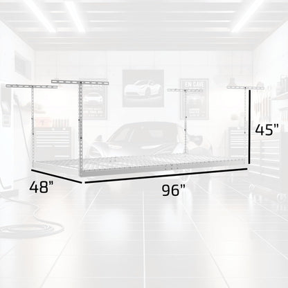 MonsterRax Overhead Garage Storage Rack - 4 x 8 Ceiling Shelving, Adjustable Hanging Racks, Color: White, 24"-45" Ceiling Drop.