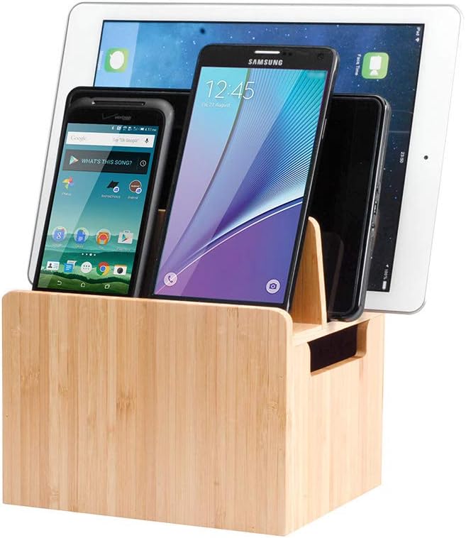 MobileVision Bamboo Charging Station & Compatible Apple Watch Adapter Combo Multi Device Organizer for Apple Watch, Smartphones, Tablets, Laptops, and More