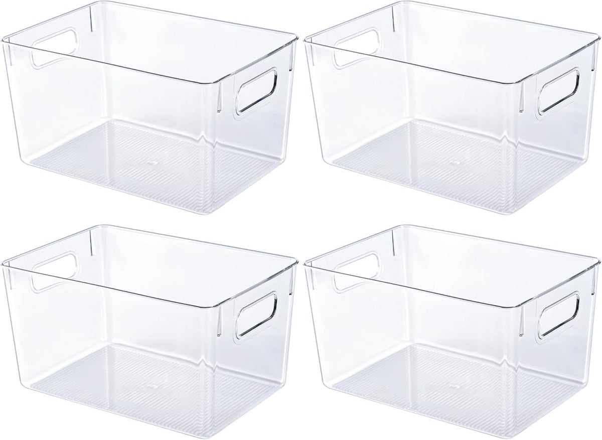 JollyPack 4 Pack Clear Plastic Storage Bins, Pantry Organizers and Storage with Handles, Clear Storage Containers for Fridge, Kitchen, Cabinet, Bathroom and Office