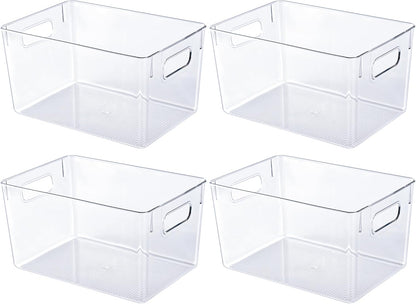 JollyPack 4 Pack Clear Plastic Storage Bins, Pantry Organizers and Storage with Handles, Clear Storage Containers for Fridge, Kitchen, Cabinet, Bathroom and Office