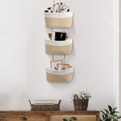 TeoKJ Over the Door Hanging Basket, 3-Tier Woven Cotton Wall-Mounted Storage Organizer Bag Decorative Hanging Kitchen Baskets - White + Jute