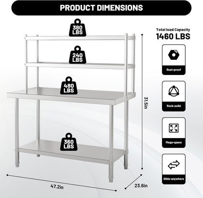 2-Tier Stainless Steel Commercial Work Table 47.2" W x 23.6" D x 31.5" H with Overshelf, Heavy Duty Kitchen Prep Table for Restaurant, Home Kitchen, Garage, Warehouse