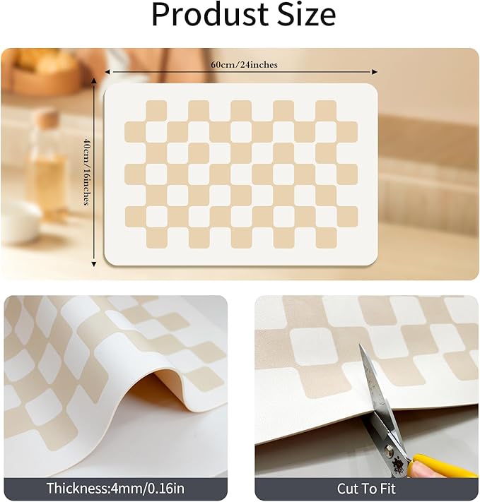 2PCS 24''x16'' Water Absorbent Dish Drying Mats for Kitchen Counter Checkered Coffee Bar Station Accessories, Easy Clean and Quick Drying,Beige Checkered