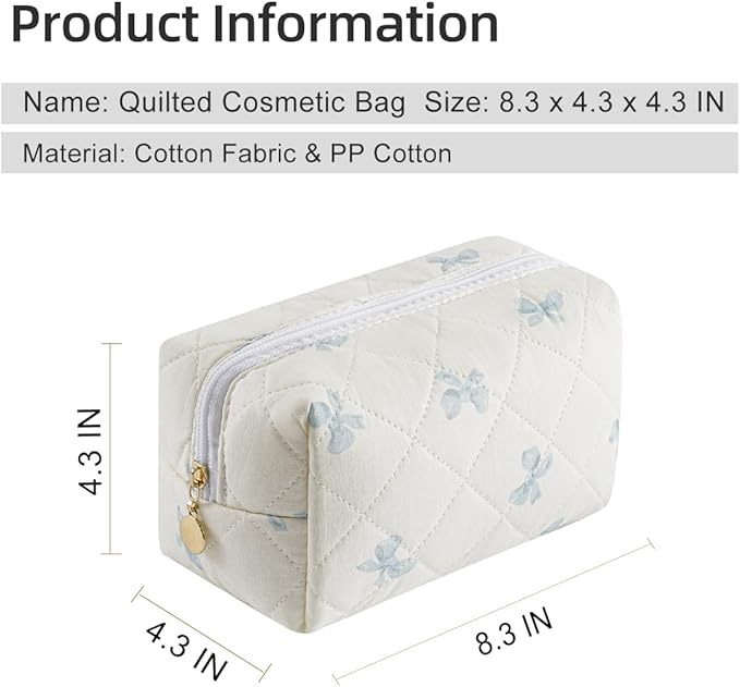 Gleyemor Small Quilted Makeup Bag for Women, Cute Floral Bow Cosmetic Bag, Emergency Bag Travel Toiletry Cotton Pouch Gifts for Girls Her Mom Friend Sister Bridesmaid (Small Blue Bowknot)