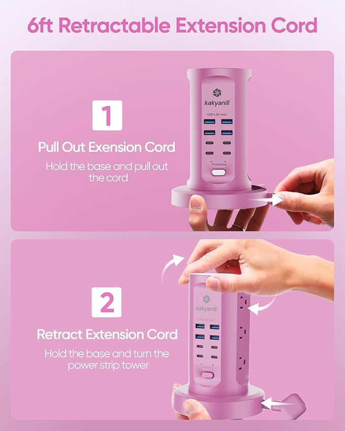 Power Strip Tower, kakyanill Surge Protector Tower 9 AC Outlets 8 USB, 6 Ft