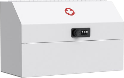 Uniclife Wall Mount Medicine Cabinet with Combination Lock Locking First Aid Cabinet Lockable Medical Cabinet Small Medicine Organizer Secure Steel Wall Cabinet Metal Storage Box, White
