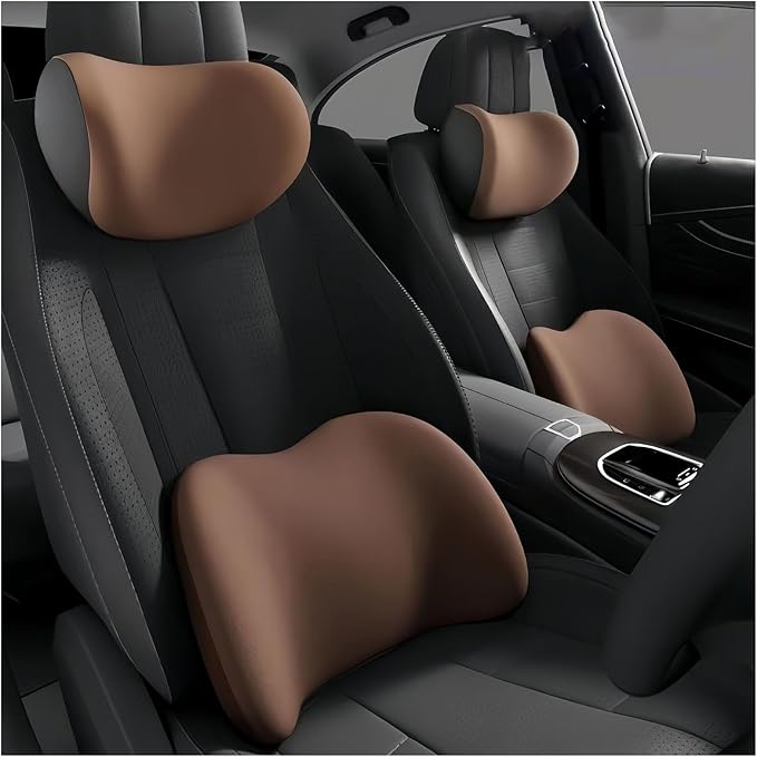 Car Lumbar Support Pillow and Car Neck Pillow Kit for BMW Z4 Z4M E85 E86 E89 G29 E52 20i 30i M40i, Car Seat Neck Back Rest Pillows, Ergonomic Car Seat Headrest & Lumbar Cushion,C Coffee