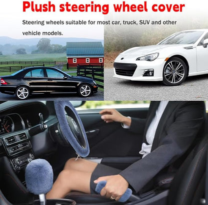 Fluffy Steering Wheel Cover, Winter Warm, Suitable for Most Car Steering Wheels in The 14-15 Inch Range (Gray, 3PCS)
