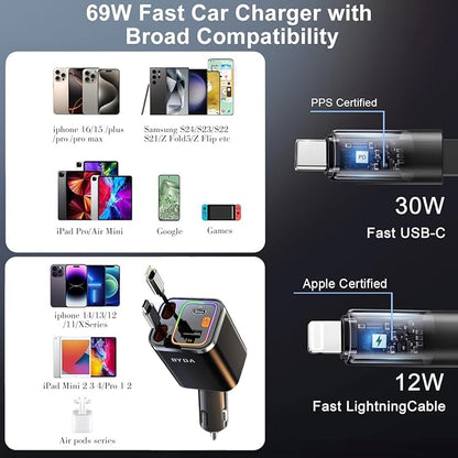 4 in 1 Retractable Car Charger with Starry Light,69W USB-C Fast Car Charger, for iPhone 17/16/15/14/13/12/11, Android,Pixel,Cigarette Lighter Charger (for Apple+Type C &RGB [Black])