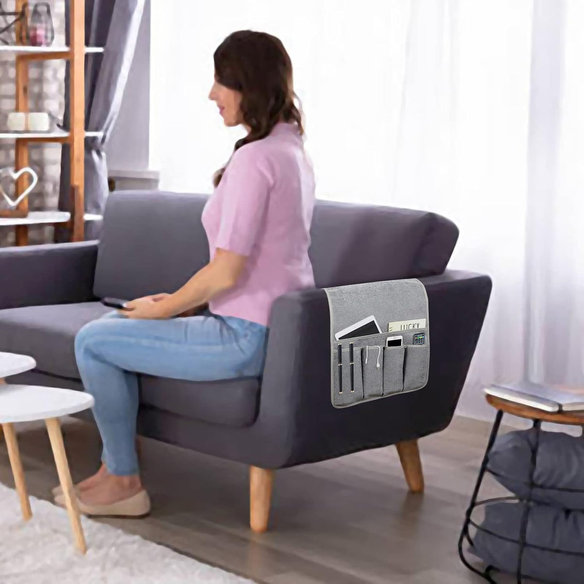 NB Sofa Armrest Organize remote holder bedside caddy organizer with 5 pockets，non-slip couch remote control holder couch armchair caddy accessories (Gray, 35"x12.4")