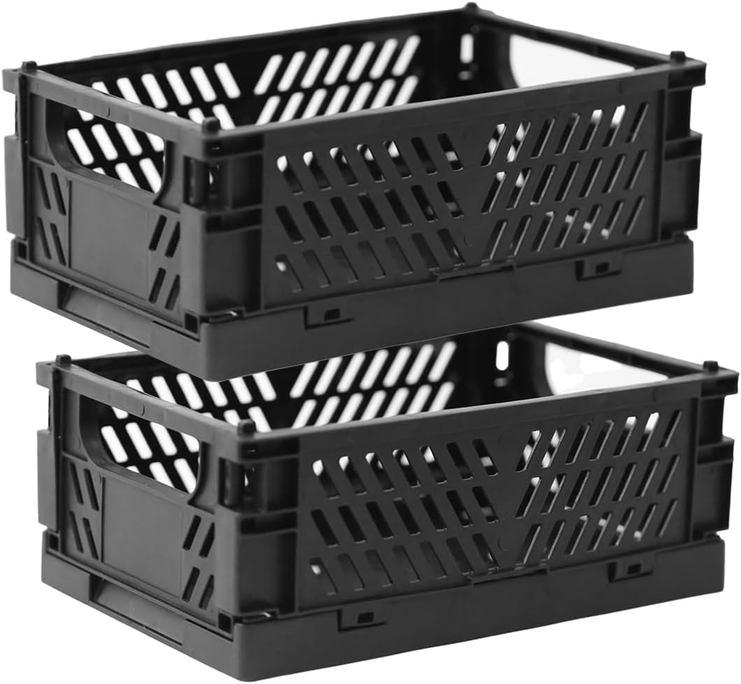 Tixill 2-Pack Mini Foldable Plastic Storage Box Mini Plastic Baskets for Organizing and Storage for Home Kitchen Bedroom Bathroom Office. (Black, 5.9x3.8x2.2)