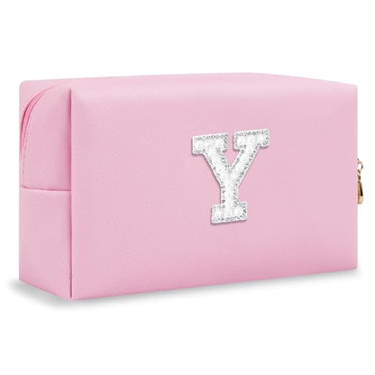 ChaoGreat Bride Gifts – Personalized Initial Makeup Bag with Pearl Rhinestone Patch, Preppy Pink Monogram Cosmetic/Toiletry Pouch, bridesmaid Gifts, Bridal Shower Gifts, Wedding Gifts, Bridal Gifts,Y