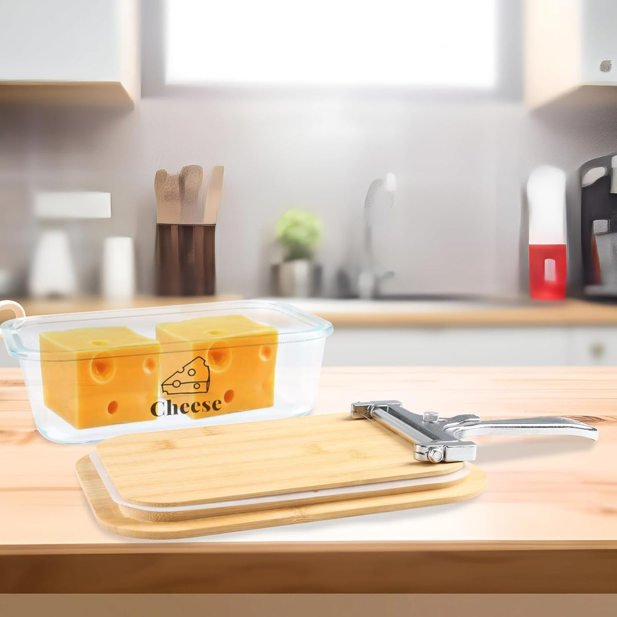Cheese Container for Refrigerator,Glass cheese slice holder with Wooden Lid&Cheeses Cutter,Lunch Deli Meat Containers for Fridge,BPA-Free Shredded Cream Block Cheeses Storage Box keeper