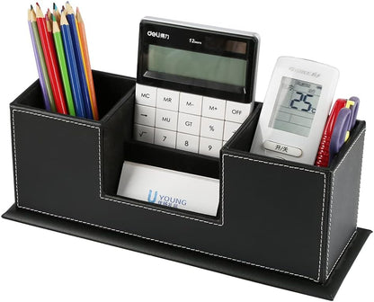 KINGFOM Office Supplies Desk Organizer PU Leather Storage Box 4 Divided Compartments for Pen Business Card Remote Control Mobile Phone Cosmetics Collection Holder (Black)