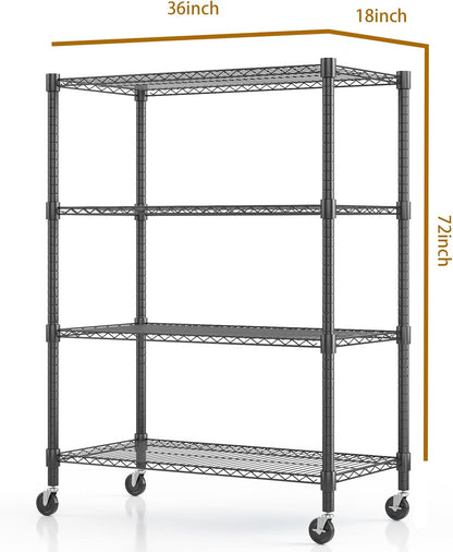 Himimi 18" D×36" W×72" H Storage Shelves with Wheels Metal Wire Shelving Unit 4 Tier Adjustable Shelving Heavy Duty Garage Shelf Organizer Rack Loads 1600LBS，Black