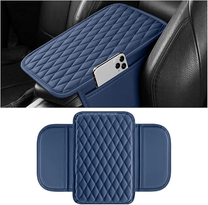 Car Armrest Cushion Pad, Leather Vehicle Center Console Cover with 2 Storage Bags, Non-Slip Automotive Interior Arm Rest Seat Box Cover Accessories, Universal for SUV RV Sedan (Dark Blue)