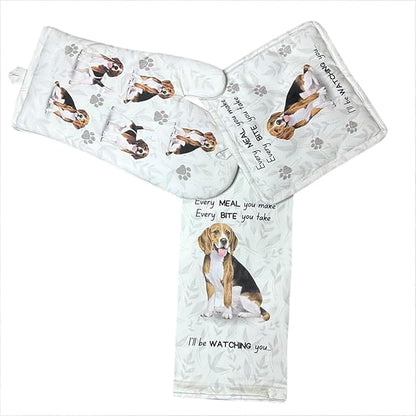 Beagle 3-Piece Kitchen Set - Oven Mitt, Pot Holder & Kitchen Towel Set, Heat Resistant up to 420 F, Soft Quilted Cotton for Cooking, Baking, BBQ, Pet Lover Gifts (Beagle)