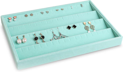 Frebeauty Stackable Velvet Jewelry Organizer Trays for Drawers Inserts Jewelry Storage Tray Display Case, Stud Earrings Bracelets Necklace Rings Accessories Trays for Women(Set of 4)(Turquoise)