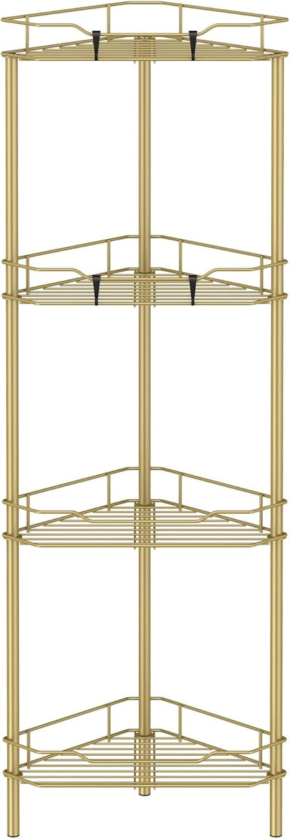 4 Tier Floor Standing Corner Shower Caddy Organizer Shelf with Hooks, Bathroom Shelves Stand Rack, Gold