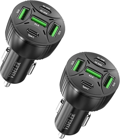 USB C Car Charger Adapter, PD 3.0 Charger, 5 USB QC 3.0 Car Phone Chager Fast Charging for iPhone 17, Galaxy S24 and Other USB Device. (2Pack)