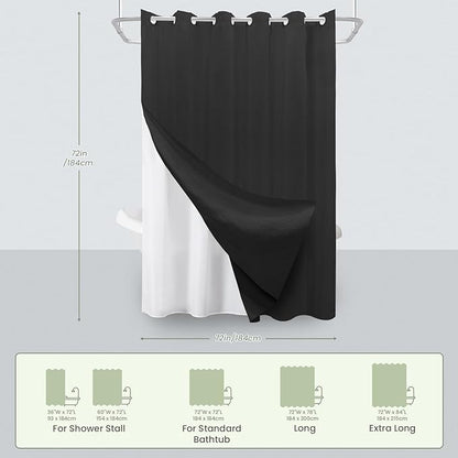 Inhousolu No Hook Waffle Weave Shower Curtain with Removable Snap in Fabric Liner Set for Bathroom, 230 GSM Heavy Duty Weighted Hem, Water Repellent Washable Bath Curtains, 72 x 72 Inch, Black