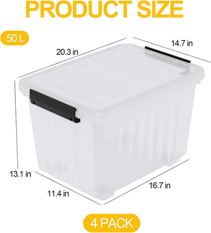 Obstnny 50 L Clear Plastic Storage Bins with Wheels, Large Lidded Organizer Boxes, 4 Pack