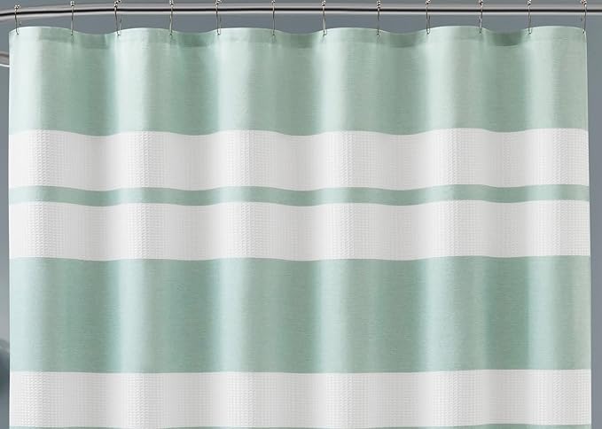 Warm Home Designs White Waffle Shower Curtain with Green Fabric Stripes. Each Waffle Weave Shower Curtain Measures 70 x 72 Inches. Striped White & Mint Green Shower Curtains for Bathroom. W Mint 72"
