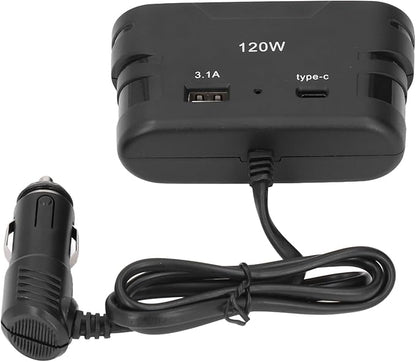 Pilipane Cigarette Lighter Plug Splitter Adapter 1 to 3 Multi Port Power Plug Car Charger with USB and Type C 12V 24V 120W for Car Refrigerators Cameras Mobile Phones ABS Material