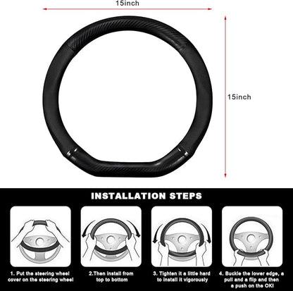 Car Breathable Steering Wheel Cover, Carbon Fiber Wear-Resistant D Shape Steering Wheel Protector for Comfy Grip, Universal Non-Slip Leather Wheel Sleeve for Most Car SUV Truck (Black)